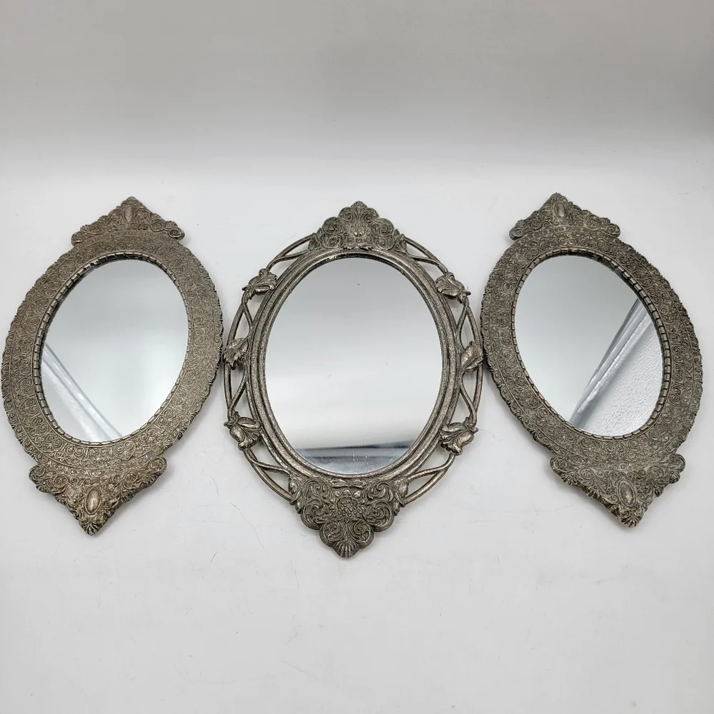 3 Vtg Wall Mirror Art Nouveau Ornate Pewter Framed Mirror